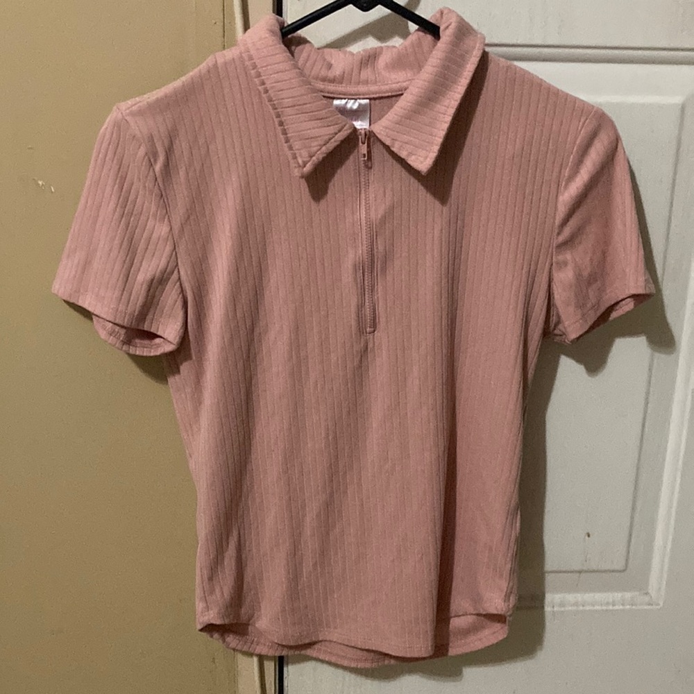Blush Pink Zip Up Collared Shirt